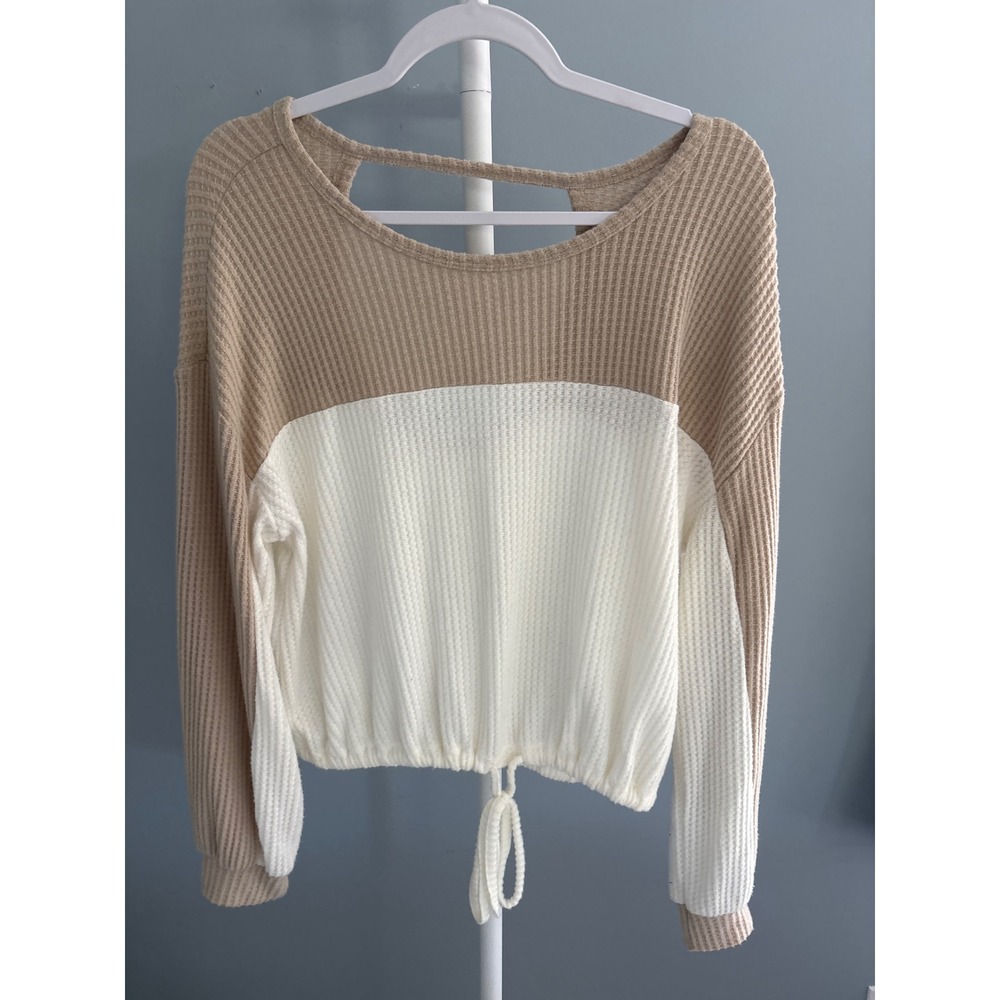 Hollister Womens Tan White Colorblock Waffle Knit Open Back Thermal Top Medium